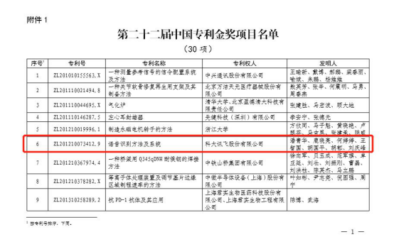 科大訊飛“語音識別方法及系統”發明專利榮獲中國專利金獎
